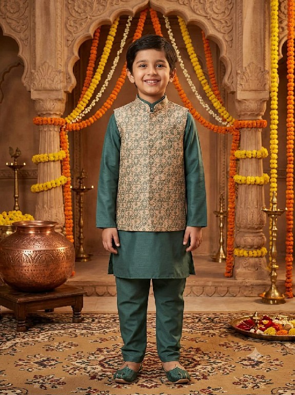 VENMER LAUNCH READYMADE PARTY WEAR SILK KURTA PYJAMA WITH JACQUARD KOTI FOR KIDS ONLINE