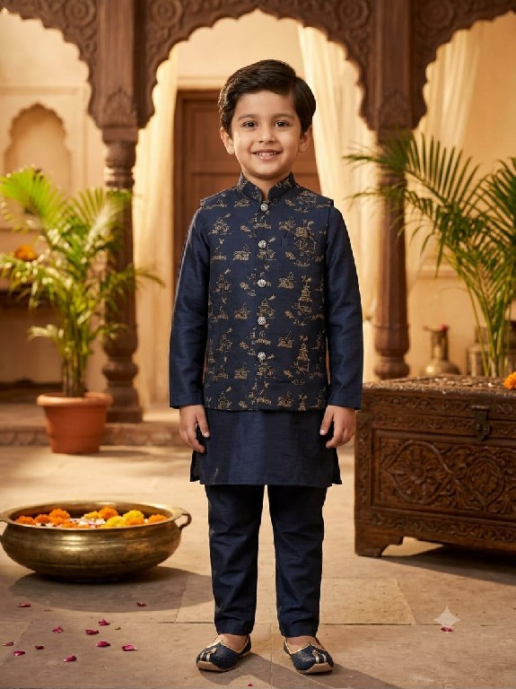 VENMER LAUNCH READYMADE PARTY WEAR SILK KURTA PYJAMA WITH JACQUARD KOTI FOR KIDS ONLINE