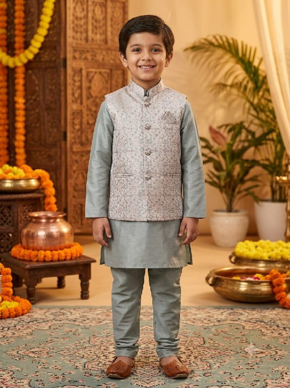 VENMER LAUNCH READYMADE PARTY WEAR SILK KURTA PYJAMA WITH JACQUARD KOTI FOR KIDS ONLINE