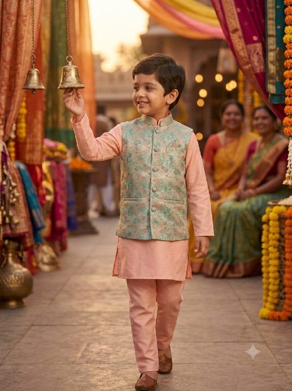VENMER LAUNCH READYMADE PARTY WEAR SILK KURTA PYJAMA WITH JACQUARD KOTI FOR KIDS ONLINE