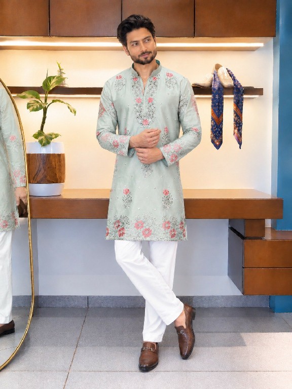 TEXTILEDEAL D.NO 409-C WHOLESALE READYMADE COACH SILK FESTIVE WEAR KURTA WITH PANT FOR MEN ONLINE