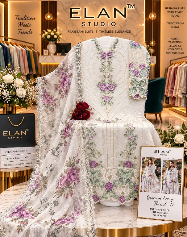 ELAN STUDIO D.NO E-66 WHOLESALE CHIFFON PAKISTANI HIT DESIGN UNSTITCH SALWAR SUITS EXPORTER