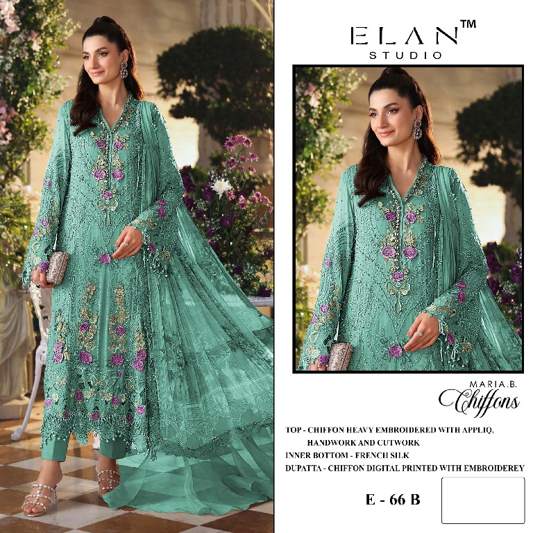ELAN STUDIO D.NO E-66 WHOLESALE CHIFFON PAKISTANI HIT DESIGN UNSTITCH SALWAR SUITS EXPORTER