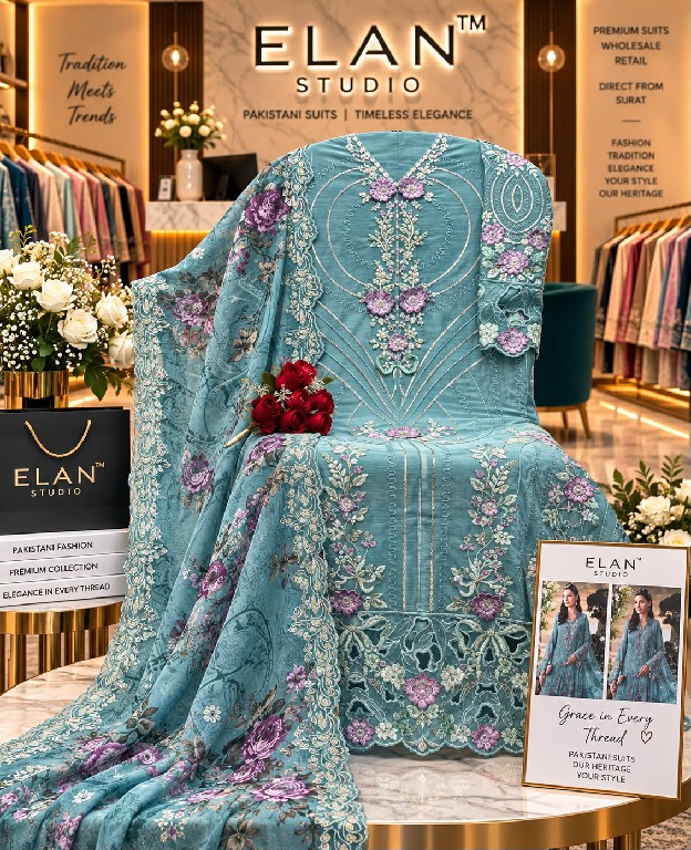 ELAN STUDIO D.NO E-66 WHOLESALE CHIFFON PAKISTANI HIT DESIGN UNSTITCH SALWAR SUITS EXPORTER