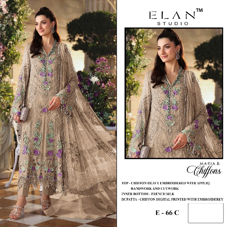 ELAN STUDIO D.NO E-66 WHOLESALE CHIFFON PAKISTANI HIT DESIGN UNSTITCH SALWAR SUITS EXPORTER