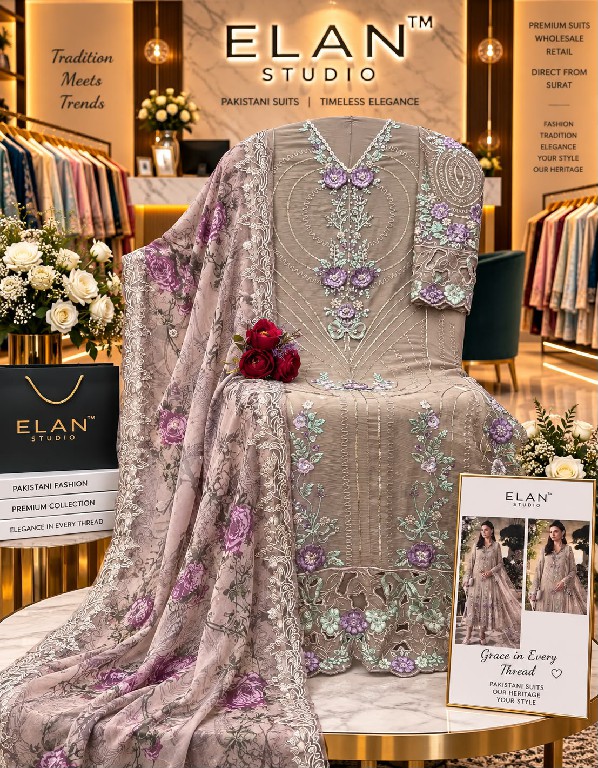 ELAN STUDIO D.NO E-66 WHOLESALE CHIFFON PAKISTANI HIT DESIGN UNSTITCH SALWAR SUITS EXPORTER