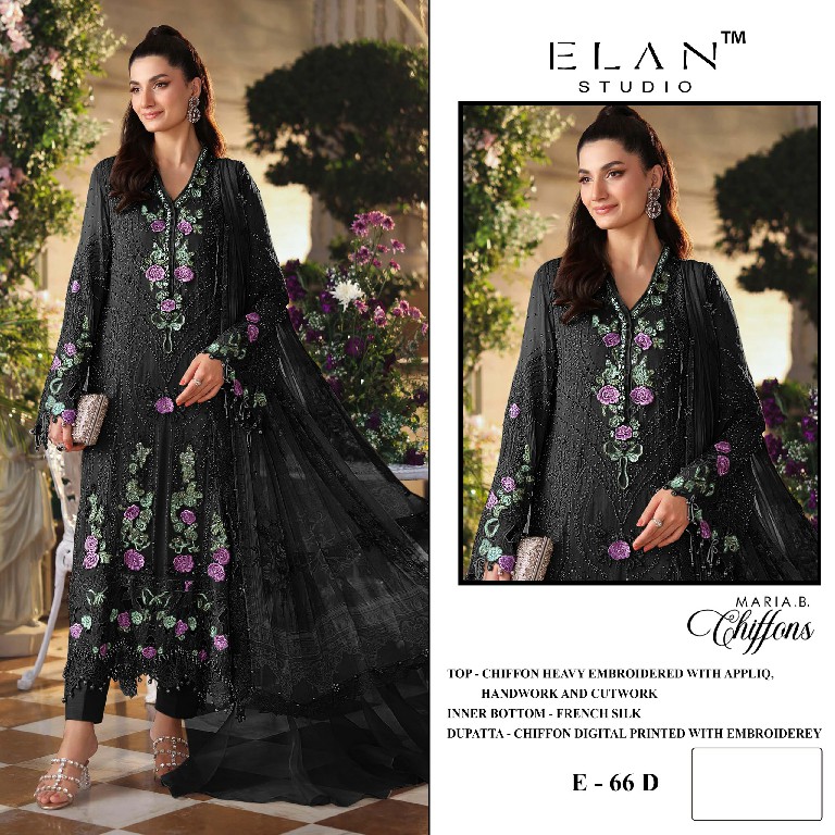 ELAN STUDIO D.NO E-66 WHOLESALE CHIFFON PAKISTANI HIT DESIGN UNSTITCH SALWAR SUITS EXPORTER