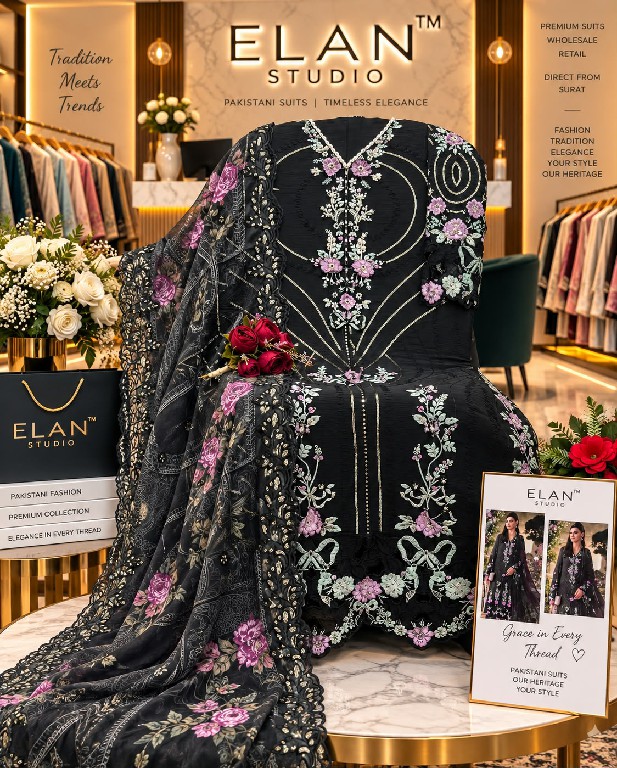 ELAN STUDIO D.NO E-66 WHOLESALE CHIFFON PAKISTANI HIT DESIGN UNSTITCH SALWAR SUITS EXPORTER