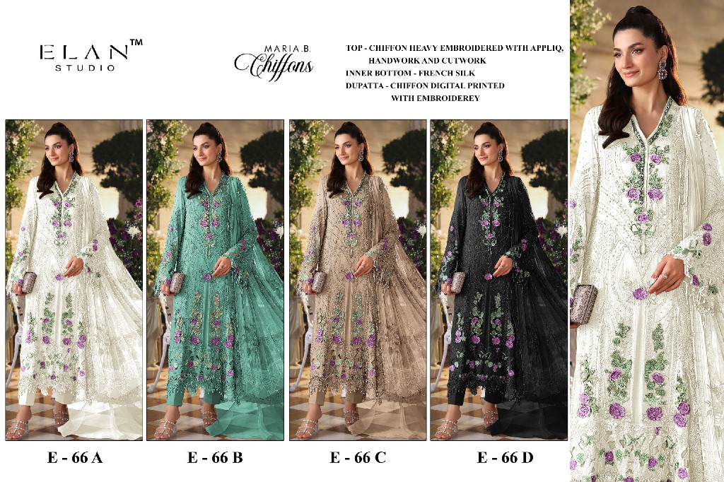 ELAN STUDIO D.NO E-66 WHOLESALE CHIFFON PAKISTANI HIT DESIGN UNSTITCH SALWAR SUITS EXPORTER