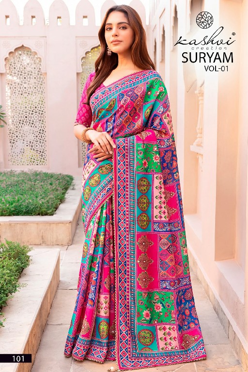 KASHVI CREATION SURYAM VOL 1 WHOLESALE CHINON DIGITAL PRINT WITH MIRROR WORK INDIAN SAREES FOR WOMEN ONLINE