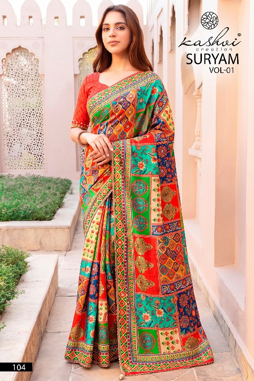 KASHVI CREATION SURYAM VOL 1 WHOLESALE CHINON DIGITAL PRINT WITH MIRROR WORK INDIAN SAREES FOR WOMEN ONLINE