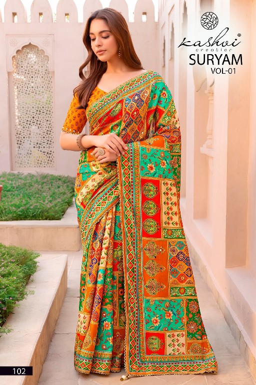 KASHVI CREATION SURYAM VOL 1 WHOLESALE CHINON DIGITAL PRINT WITH MIRROR WORK INDIAN SAREES FOR WOMEN ONLINE