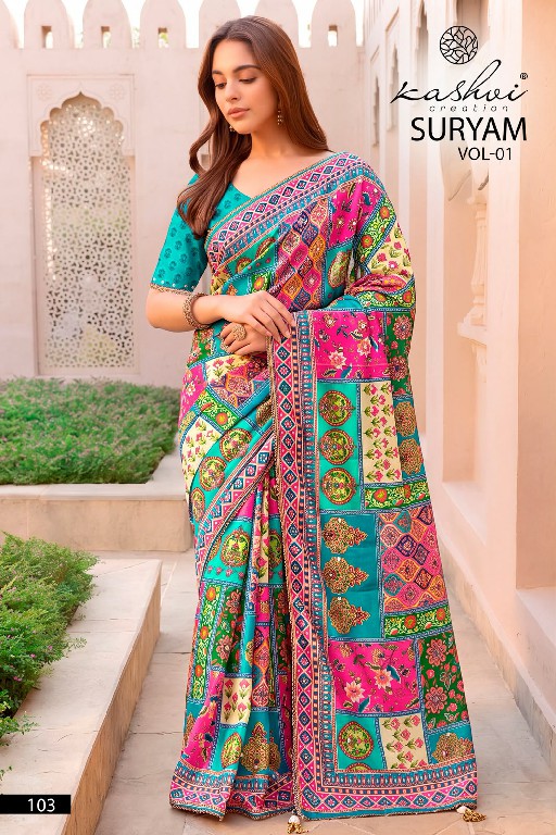 KASHVI CREATION SURYAM VOL 1 WHOLESALE CHINON DIGITAL PRINT WITH MIRROR WORK INDIAN SAREES FOR WOMEN ONLINE