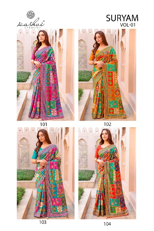 KASHVI CREATION SURYAM VOL 1 WHOLESALE CHINON DIGITAL PRINT WITH MIRROR WORK INDIAN SAREES FOR WOMEN ONLINE