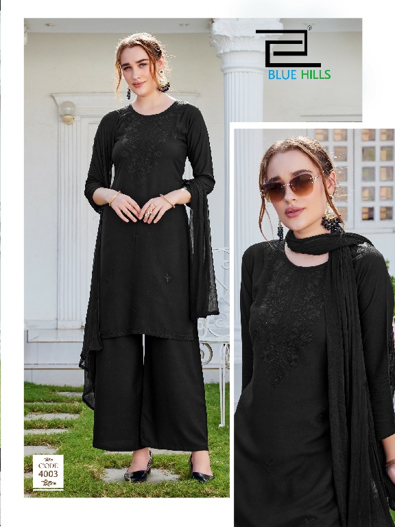 BLUE HILLS HAANIA WHOLESALE READYMADE RAYON WITH WORK BIG SIZE TRENDY STYLISH 3 PCS SUITS EXPORTER