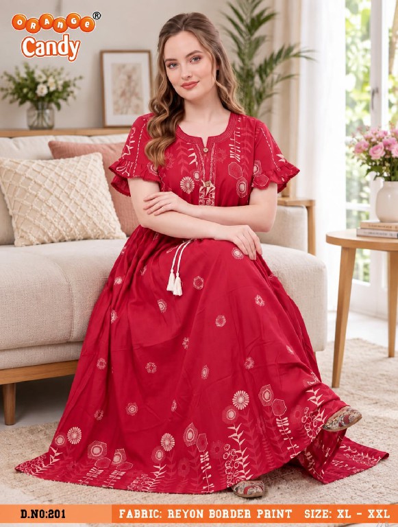 ORANGE CANDY D.NO 201 WHOLESALE PREMIUM RAYON BORDER PRINT NIGHTY COMBO FOR WOMEN ONLINE
