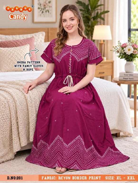 ORANGE CANDY D.NO 201 WHOLESALE PREMIUM RAYON BORDER PRINT NIGHTY COMBO FOR WOMEN ONLINE