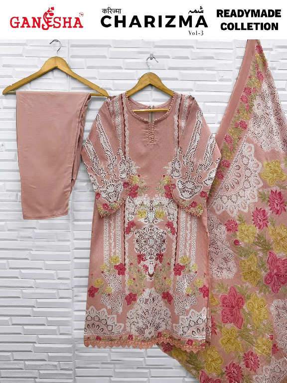 GANESHA CHARIZMA VOL 3 WHOLESALE READYMADE COTTON DIGITAL PRINTED REGULAR WEAR 3 PCS SUITS SUPPLIER