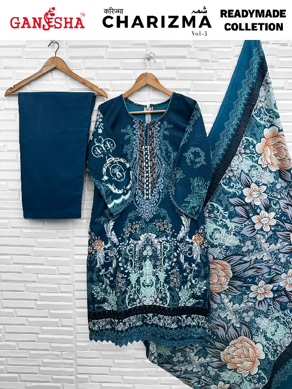 GANESHA CHARIZMA VOL 3 WHOLESALE READYMADE COTTON DIGITAL PRINTED REGULAR WEAR 3 PCS SUITS SUPPLIER