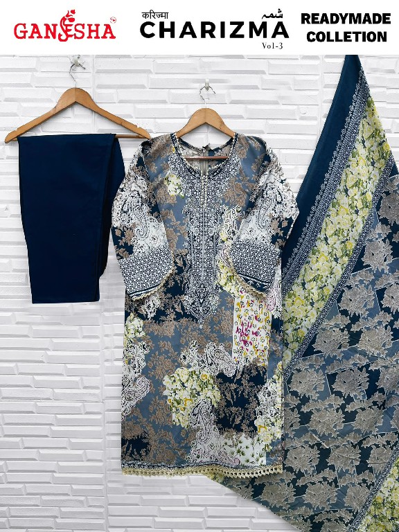GANESHA CHARIZMA VOL 3 WHOLESALE READYMADE COTTON DIGITAL PRINTED REGULAR WEAR 3 PCS SUITS SUPPLIER