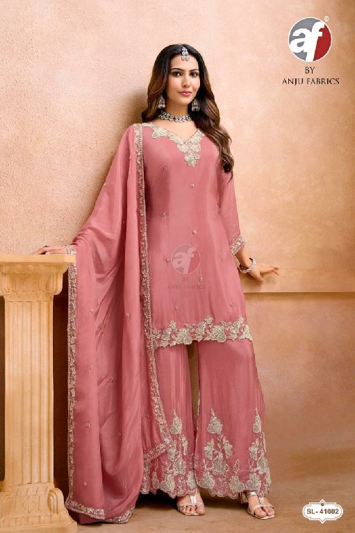 ANJU FAB D.NO SL 41002-41038-41024 TO 41027 WHOLESALE READYMADE GLASS ORGANZA FESTIVE WEAR 3 PCS COMBO SET SUITS EXPORTER