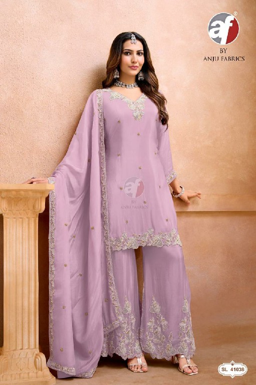 ANJU FAB D.NO SL 41002-41038-41024 TO 41027 WHOLESALE READYMADE GLASS ORGANZA FESTIVE WEAR 3 PCS COMBO SET SUITS EXPORTER