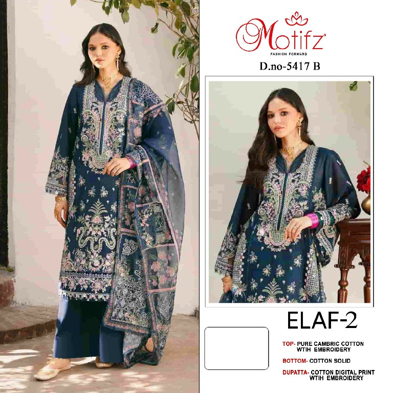 MOTIFZ ELAF-2 NX D.NO 5417 WHOLESALE CAMBRIC COTTON PAKISTANI POPULAR DESOGN UNSTITCH SALWAR SUITS SUPPLIER