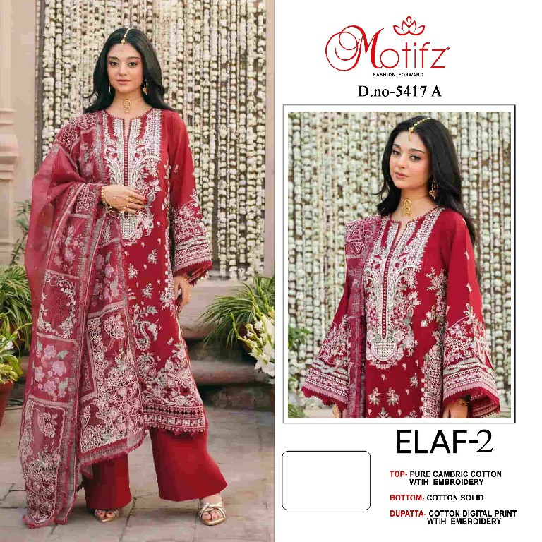 MOTIFZ ELAF-2 NX D.NO 5417 WHOLESALE CAMBRIC COTTON PAKISTANI POPULAR DESOGN UNSTITCH SALWAR SUITS SUPPLIER