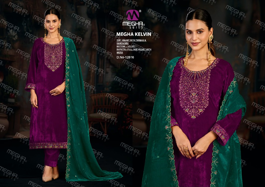MEGHALI KELVIN WHOLESALE VELVET WITH WORK WINTER WEAR UNSTITCH SALWAR SUITS EXPORTER