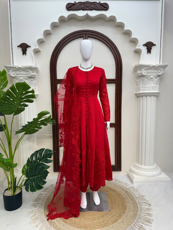 TEXTILEDEAL D.NO 6076 WHOLESALE READYMADE VICHITRA SILK DESIGNER ANARKALI 3 PCS SUITS EXPORTER