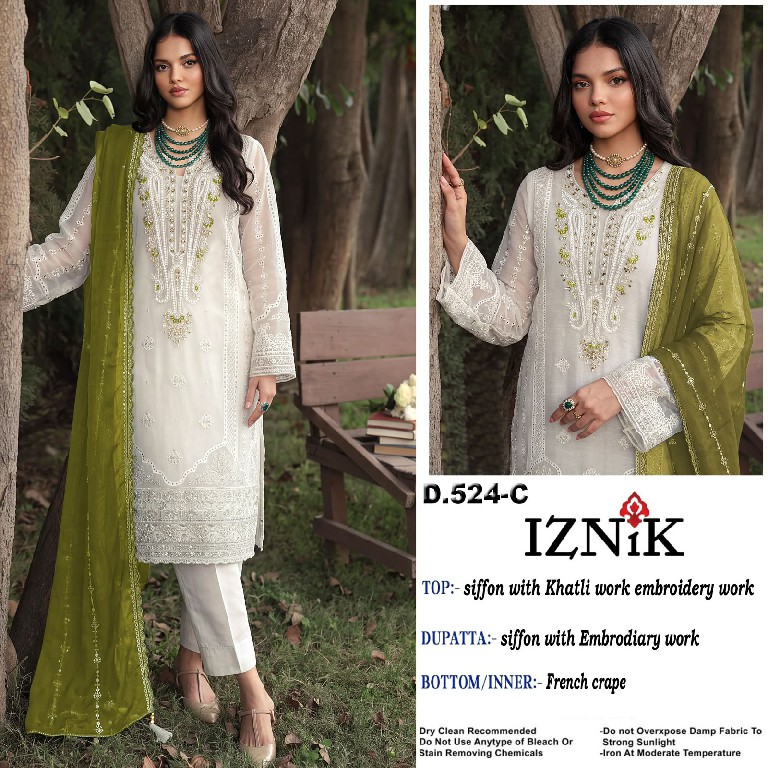 IZNIK FAB D.NO 524 WHOLESALE HEAVY CHIFFON PAKISTANI HIT DESIGN UNSTITCH SALWAR SUITS SUPPLIER