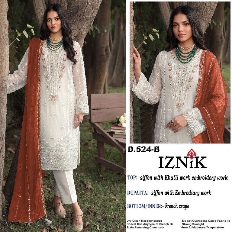 IZNIK FAB D.NO 524 WHOLESALE HEAVY CHIFFON PAKISTANI HIT DESIGN UNSTITCH SALWAR SUITS SUPPLIER