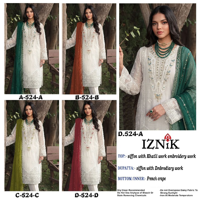 IZNIK FAB D.NO 524 WHOLESALE HEAVY CHIFFON PAKISTANI HIT DESIGN UNSTITCH SALWAR SUITS SUPPLIER