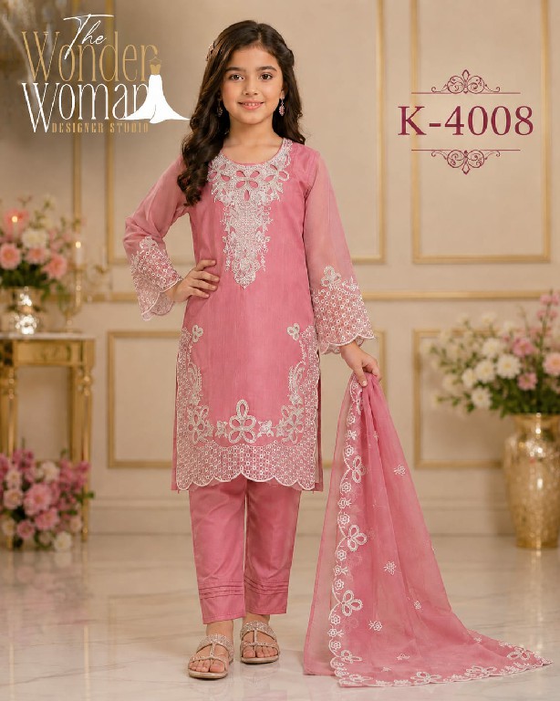 WONDER WOMAN D.NO K-4008 WHOLESALE READYMADE SOFT ORHGANZA DESIGNER WEAR 3 PCS COMBO SET SUITS FOR KIDS ONLINE