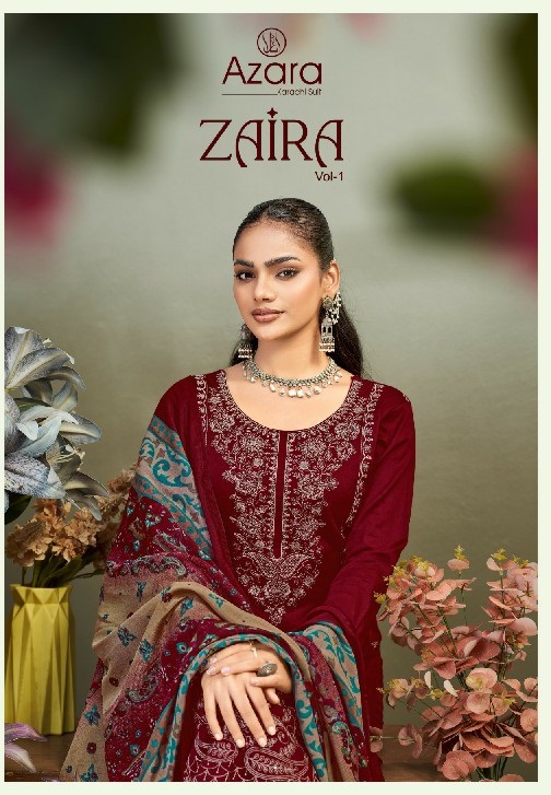 AZARA BY RADHIKA FASHION ZAIRA VOL 1 WHOLESALE PURE ZAM COTTON WITH WORK UNSTITCH SALWAR SUITS SUPPLIER