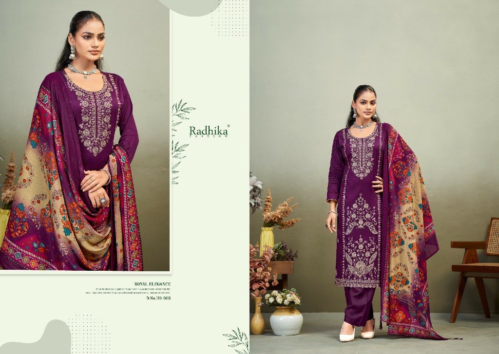 AZARA BY RADHIKA FASHION ZAIRA VOL 1 WHOLESALE PURE ZAM COTTON WITH WORK UNSTITCH SALWAR SUITS SUPPLIER
