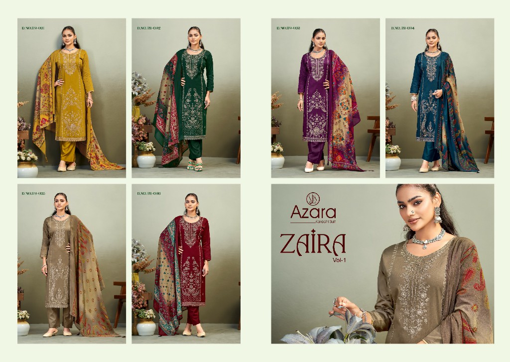 AZARA BY RADHIKA FASHION ZAIRA VOL 1 WHOLESALE PURE ZAM COTTON WITH WORK UNSTITCH SALWAR SUITS SUPPLIER