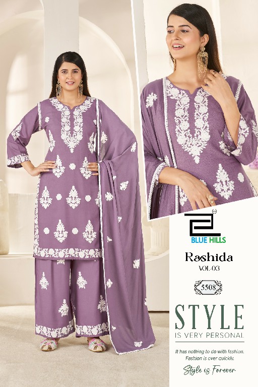 BLUE HILLS RASHIDA VOL 3 WHOLESALE READYMADE RAYON WITH WORK BIG SIZE 3 PCS COMBO SET SUITS FOR EXPORT