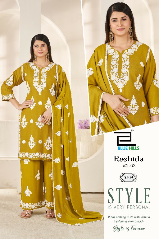 BLUE HILLS RASHIDA VOL 3 WHOLESALE READYMADE RAYON WITH WORK BIG SIZE 3 PCS COMBO SET SUITS FOR EXPORT