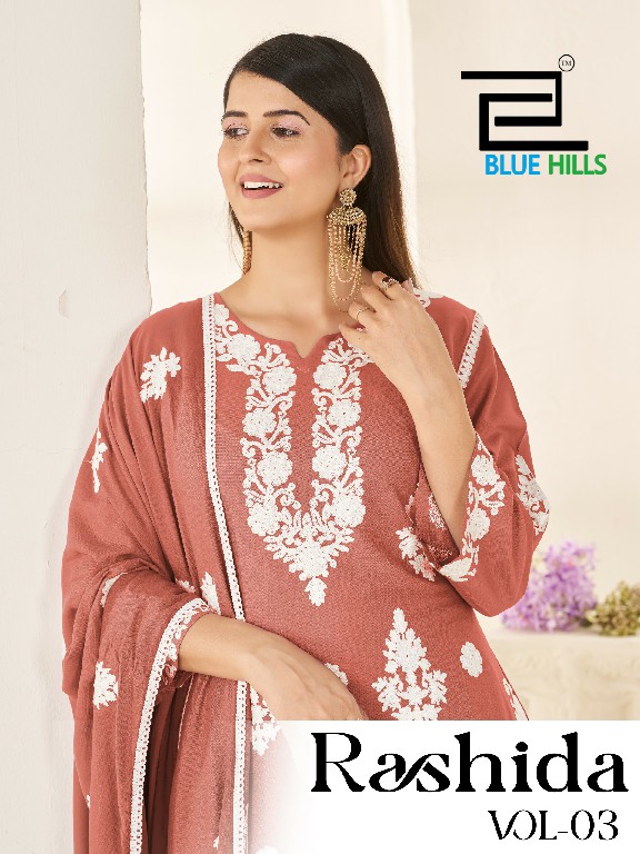 BLUE HILLS RASHIDA VOL 3 WHOLESALE READYMADE RAYON WITH WORK BIG SIZE 3 PCS COMBO SET SUITS FOR EXPORT