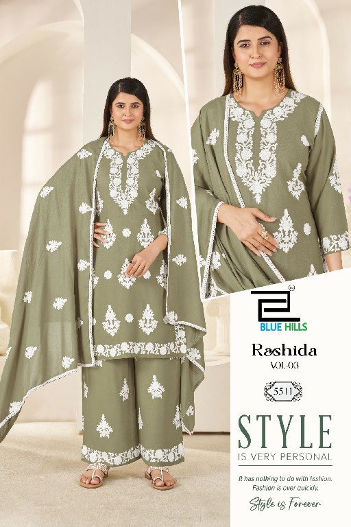 BLUE HILLS RASHIDA VOL 3 WHOLESALE READYMADE RAYON WITH WORK BIG SIZE 3 PCS COMBO SET SUITS FOR EXPORT