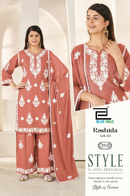 BLUE HILLS RASHIDA VOL 3 WHOLESALE READYMADE RAYON WITH WORK BIG SIZE 3 PCS COMBO SET SUITS FOR EXPORT