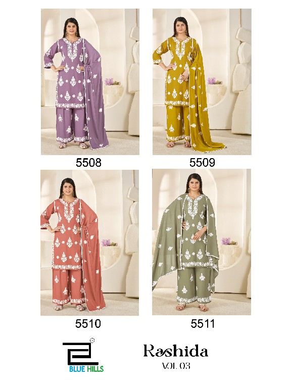 BLUE HILLS RASHIDA VOL 3 WHOLESALE READYMADE RAYON WITH WORK BIG SIZE 3 PCS COMBO SET SUITS FOR EXPORT
