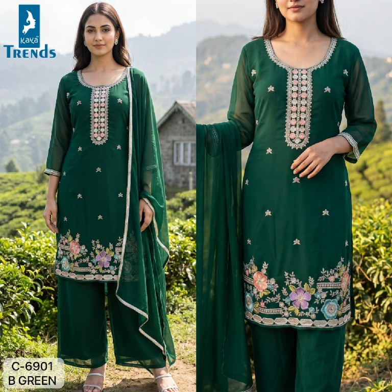KAYA D.NO 6901 WHOLESALE READYMADE GEORGETTE BEATS WORK SHORT PATTERN 3 PCS COMBO SET SUITS FOR EXPORT