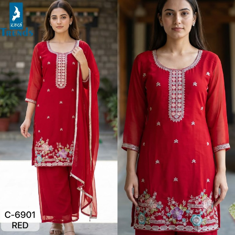 KAYA D.NO 6901 WHOLESALE READYMADE GEORGETTE BEATS WORK SHORT PATTERN 3 PCS COMBO SET SUITS FOR EXPORT