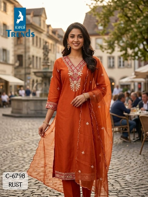 KAYA D.NO 6798 WHOLESALE READYMADE ROMAN SILK WITH WORK 3 PCS COMBO SET SUITS SUPPLIER