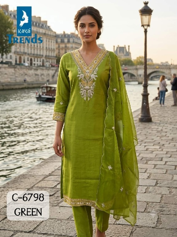 KAYA D.NO 6798 WHOLESALE READYMADE ROMAN SILK WITH WORK 3 PCS COMBO SET SUITS SUPPLIER