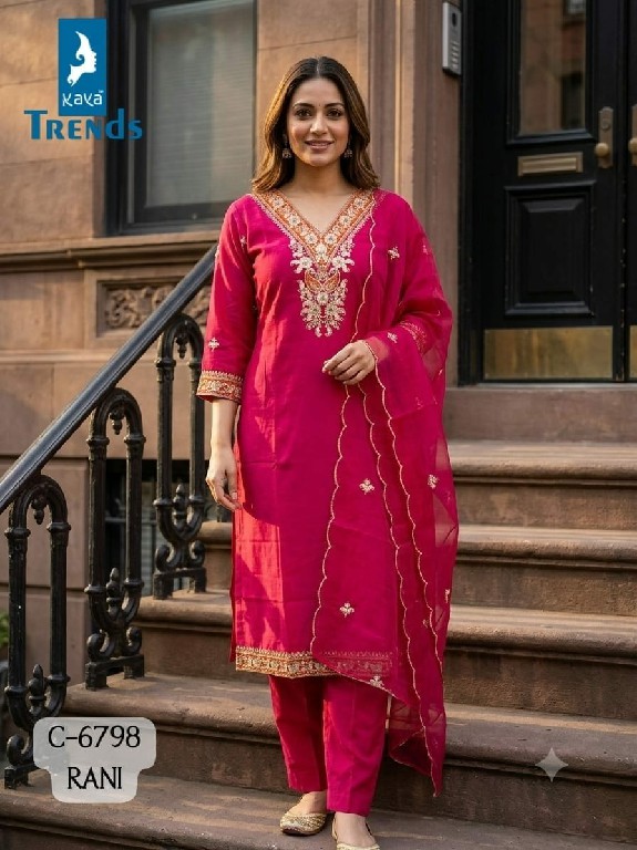 KAYA D.NO 6798 WHOLESALE READYMADE ROMAN SILK WITH WORK 3 PCS COMBO SET SUITS SUPPLIER