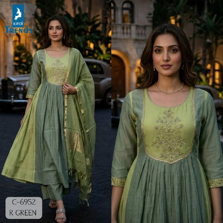 KAYA D.NO 6952 WHOLESALE READYMADE MULL CHANDERI A LINE KALI STYLE 3 PCS COMBO SET SUITS ONLINE