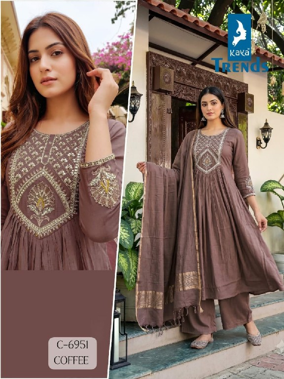 KAYA D.NO 6951 WHOLESALE READYMADE MULL CHANDERI FANCY WORK A LINE GHERA STYLE 3 PCS COMBO SET SUITS EXPORTER